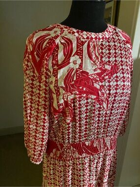MAYEELOK, Red, White, Embroidered, Pleated Dress